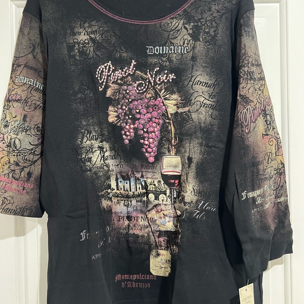 Black Graphic Wine-Themed Top